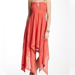 Free People Size 6 Bandeau Lace Coral Orange Handkerchief Hem Summer Dre…